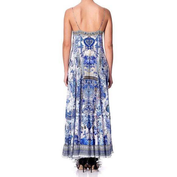 CAMILLA LONG DDRESS WITH TIE FRONT BLUE PROVICIAL PRINT 100% SILK CRYSTAL SZ 8 - Picture 2 of 7